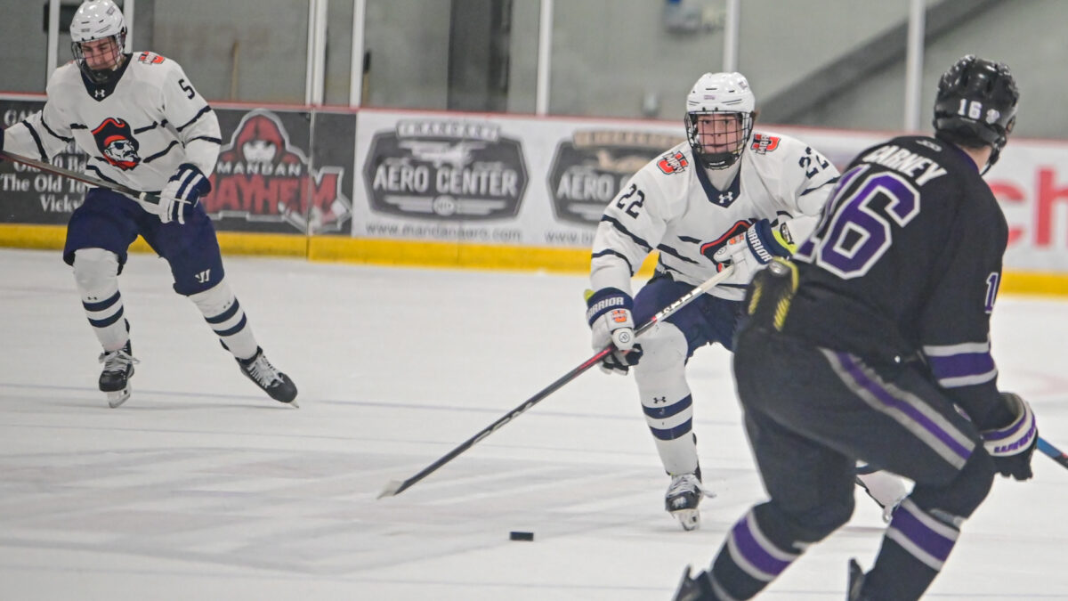Three hockey players playing hockey
