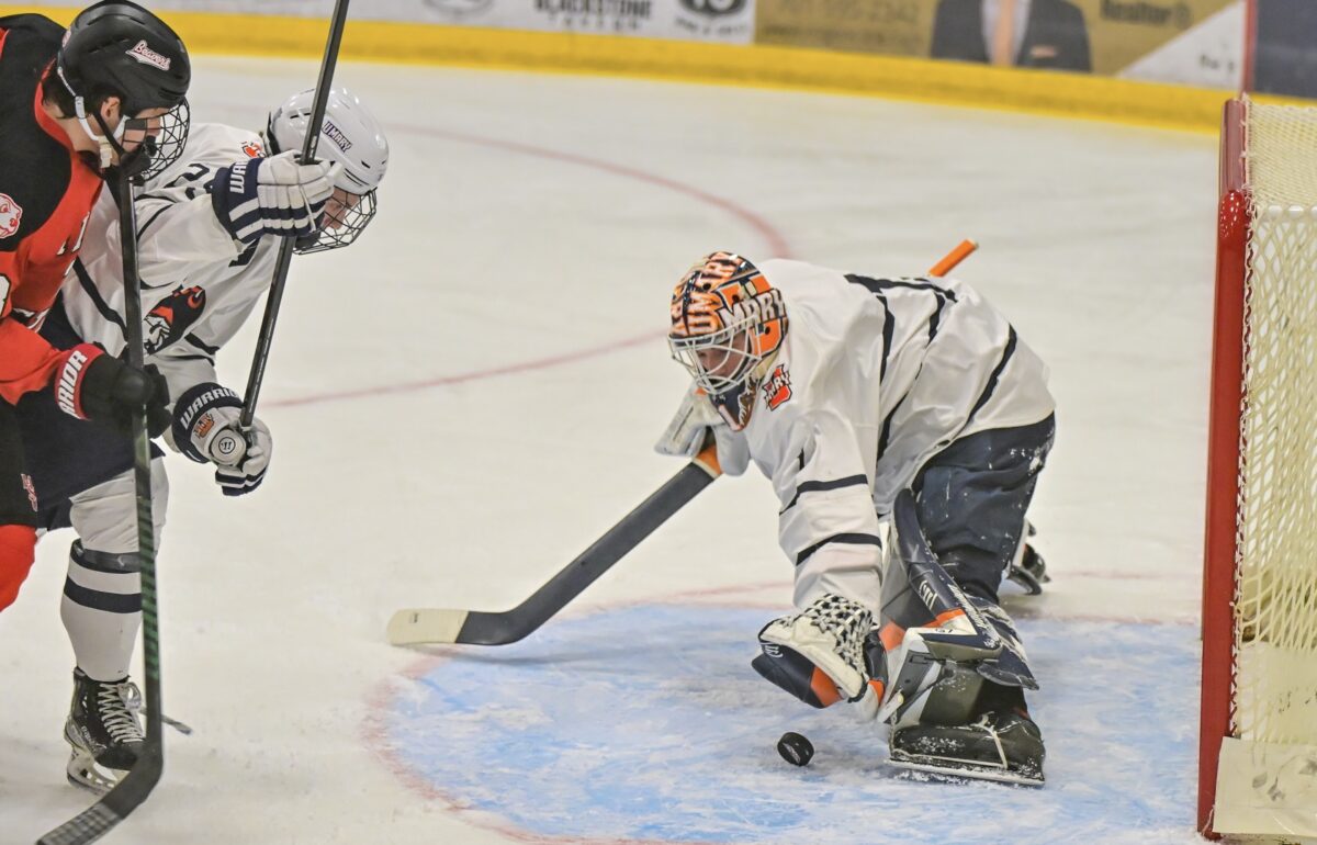 UMary goalie makes a play on the puck.